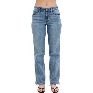 Mid Rise Jeans Women Cotton Blend Regular Blue Distressed Hem